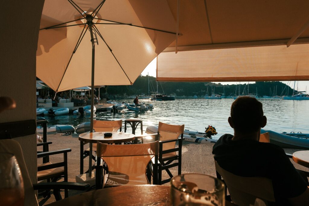 A peaceful harbor view from a restaurant.