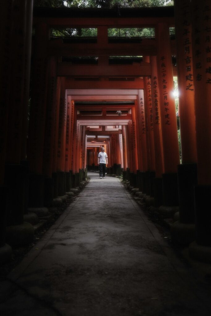 Person walks through red torii gates in japan.